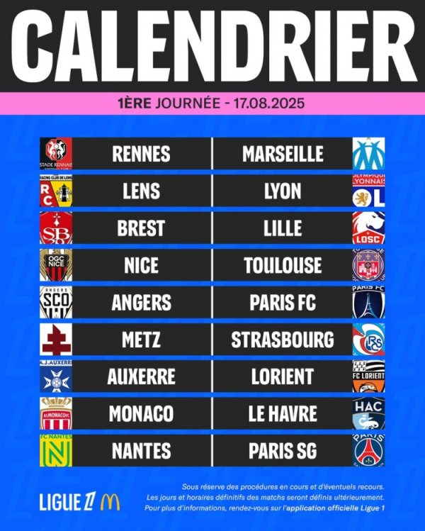 Official: The first round of Ligue 1 starts on August 17, and the national derby will be held on September 21 and February 8 next year