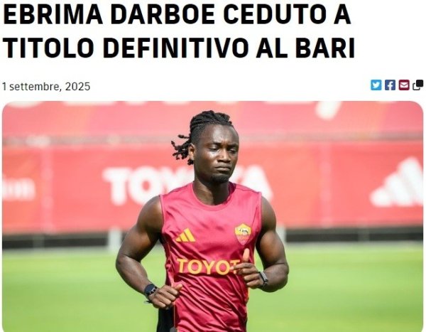 Official: Roma midfielder Dalber transfers to Serie B club Barry and signs until 2028