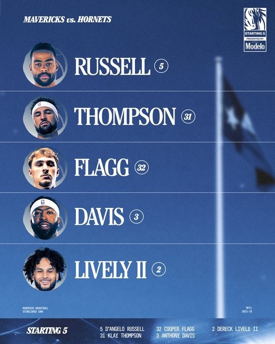 Mavericks starting lineup: Russell& Clay partners in the backcourt, thick eyebrows play 4, plus Flagg& Lively
