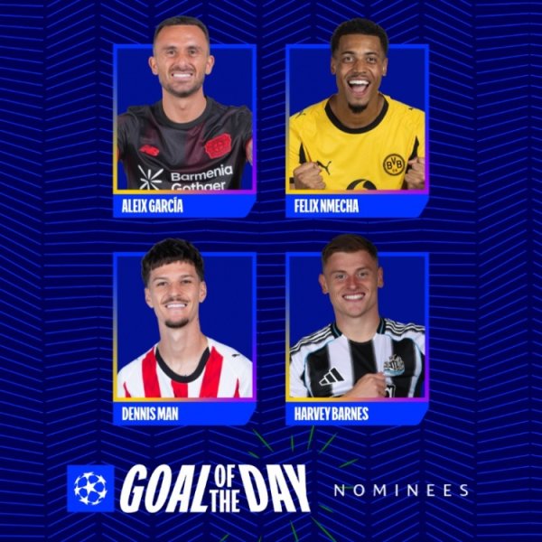 Candidates for the best goal of the day in the Champions League: Garcia, Nmecha, Dennis Mann, and Barnes are on the list