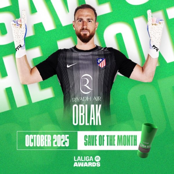 La Liga official: Oblak won the best save of October with a superb save in the 90th minute against Osasuna